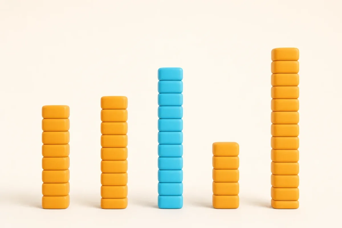 Five stacked-block towers of different heights, showing how one set of matric marks produces a different score at each university.