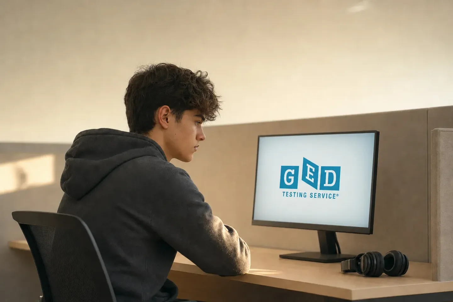 A teenage student sitting alone at a computer testing carrel with the GED Testing Service logo on the screen, illustrating that the GED is written as four computer-based tests at an approved test centre
