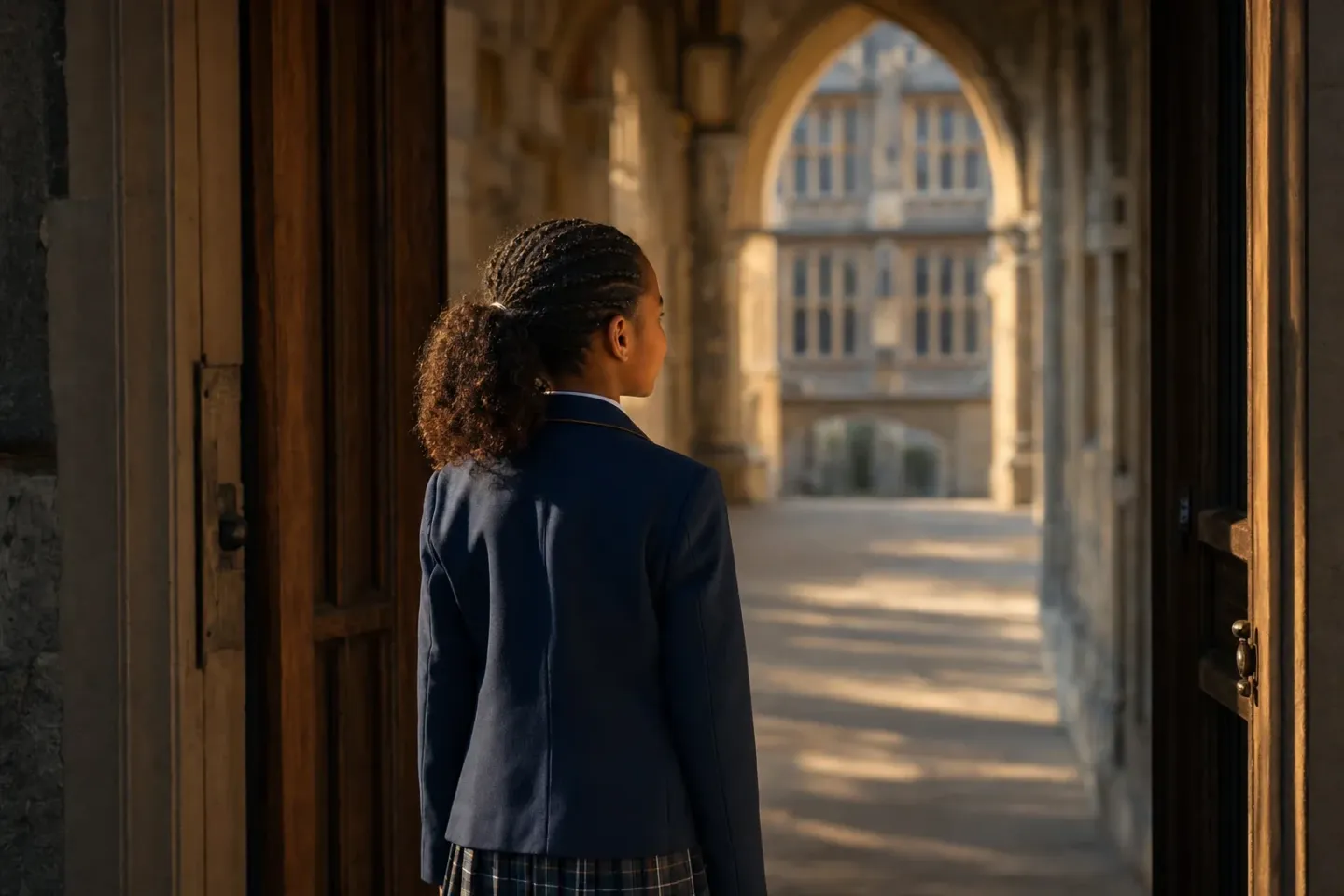A South African schoolgirl in a navy blazer stands in the doorway of a traditional British school, looking out across a sunlit stone courtyard.
