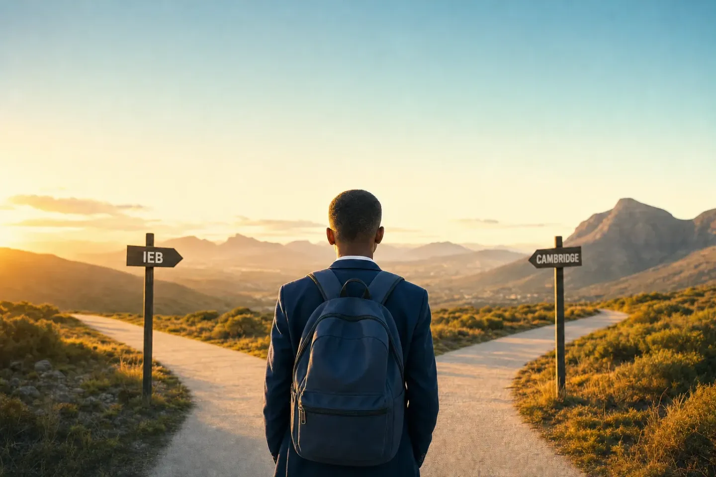 A South African high school student in a navy blazer and backpack stands at a fork in the road at sunset, facing two signposts pointing to IEB and Cambridge.