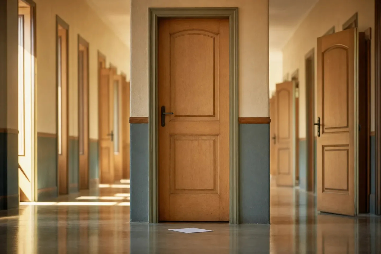 A single closed door in a row of open ones, with one exam paper on the floor in front of it, illustrating that a matric rewrite is worth doing when one mark blocks one specific doorway