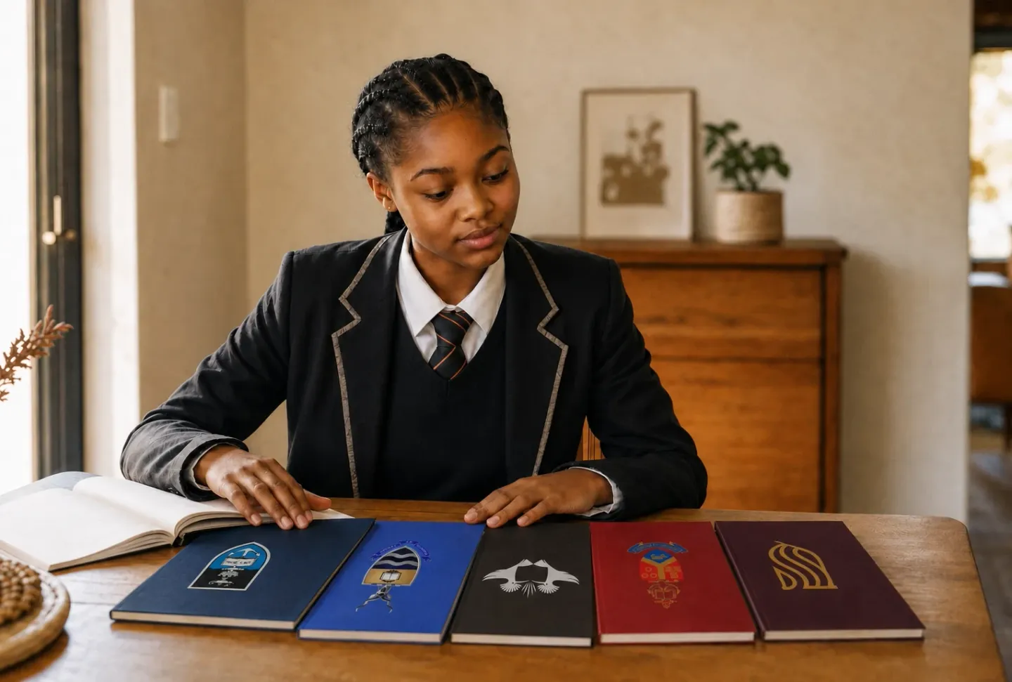 A South African matric student at a dining table with five university prospectuses laid out in a row in front of her, each carrying the emblem of a different university: UCT, Wits, the University of Johannesburg, the University of Pretoria and Stellenbosch.