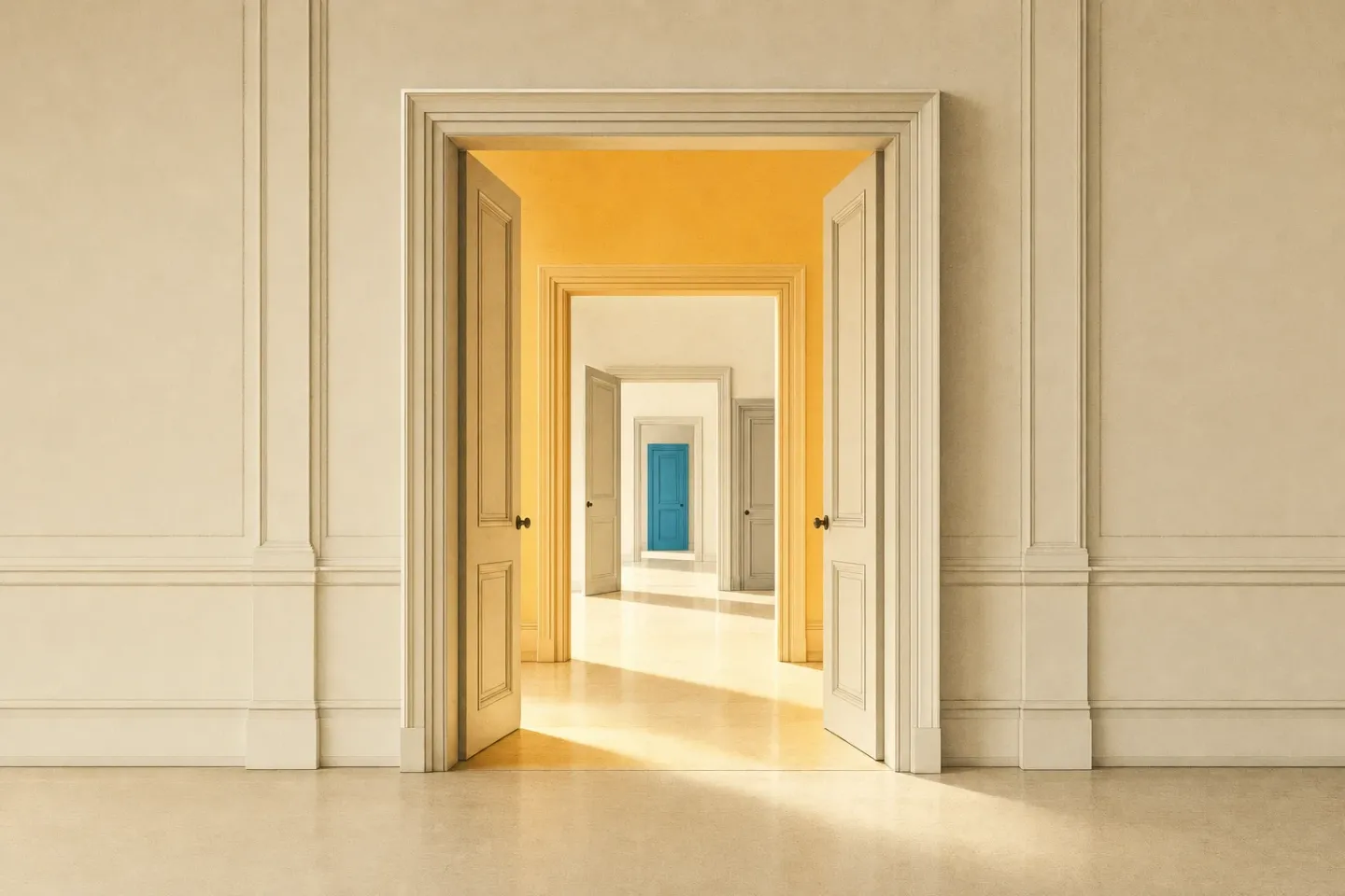 An open doorway leading into a corridor of further doorways, some open and some closed, illustrating that a matric certificate opens the first gate but not every door behind it