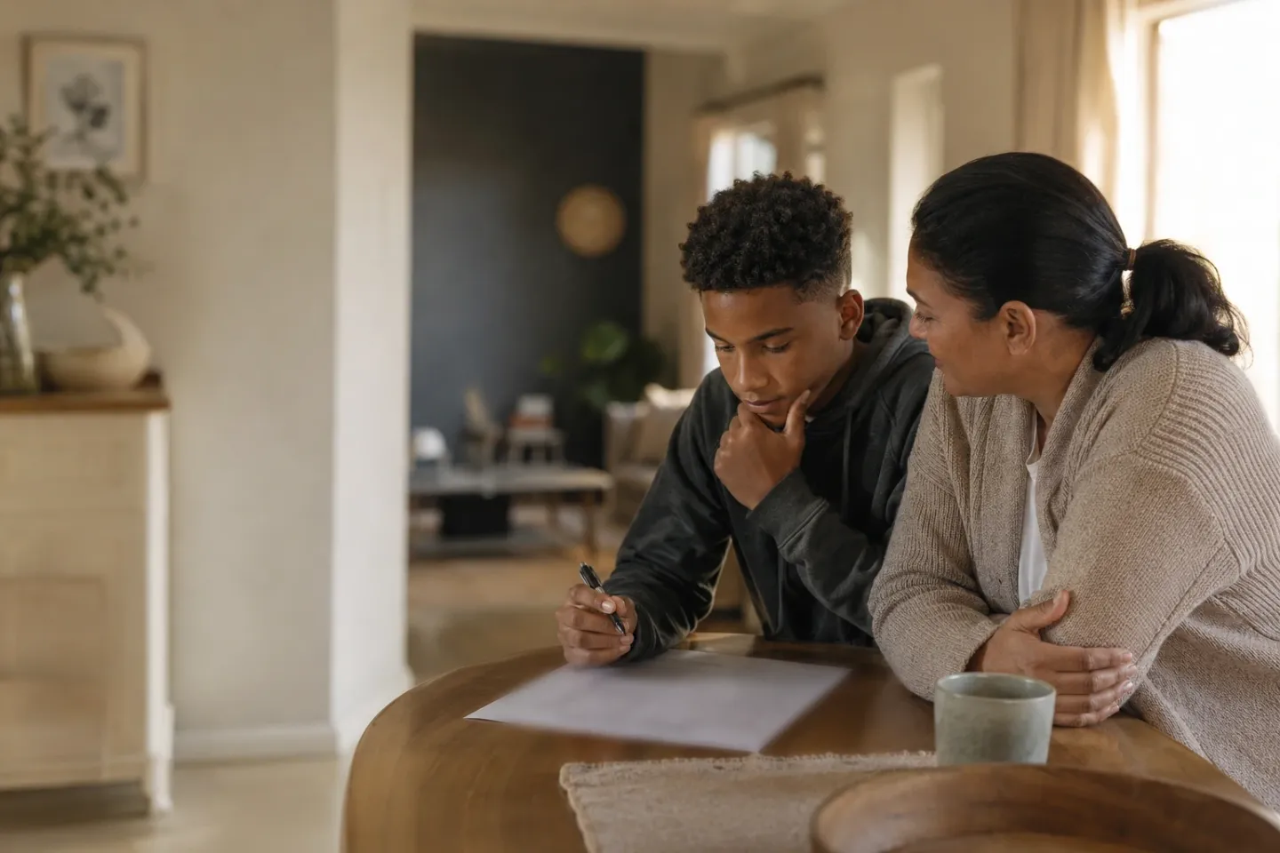 A parent and teenager at a kitchen table, looking at a subject choice form together.